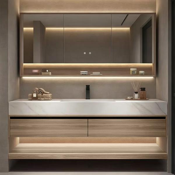 Sinterstein Waschbecken weiß Arbeitsplatte Holzmaserung Unterschrank Set mit Spiegelschrank 【RW3256JG】