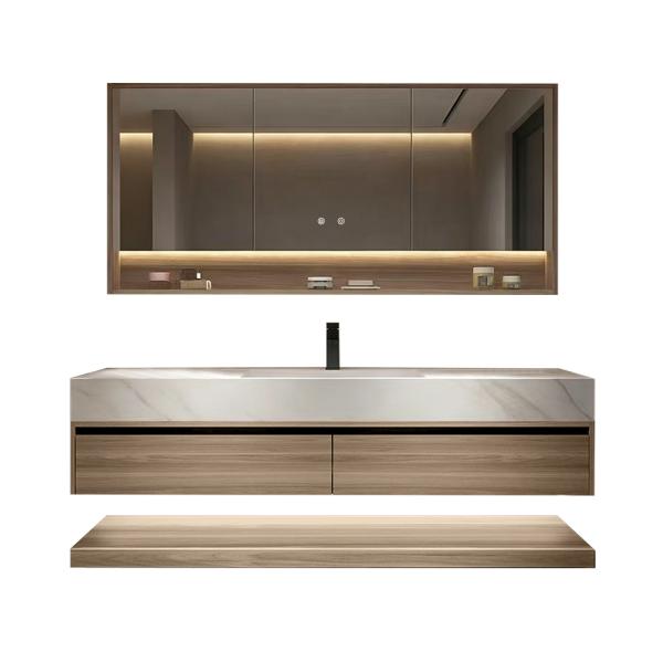 Sinterstein Waschbecken weiß Arbeitsplatte Holzmaserung Unterschrank Set mit Spiegelschrank 【RW3256JG】
