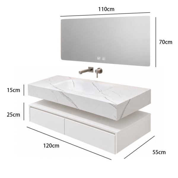 Muxing Wandhängendes Waschtisch-Set aus Sinterstein in Marmoroptik mit Spiegel, Unterschrank und Ablaufgarnitur, ohne Hahnloch 【RW543 BKK】