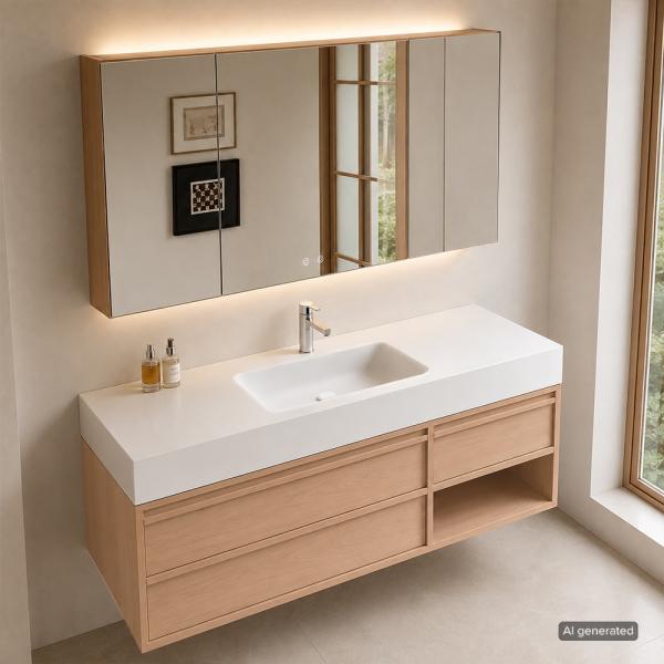 Muxing Modernes Badmöbel-Set, wandhängender Waschtisch mit Sinterstein-Waschbecken, LED-Spiegelschrank, Unterschrank und Ablaufset 【RW720JG】