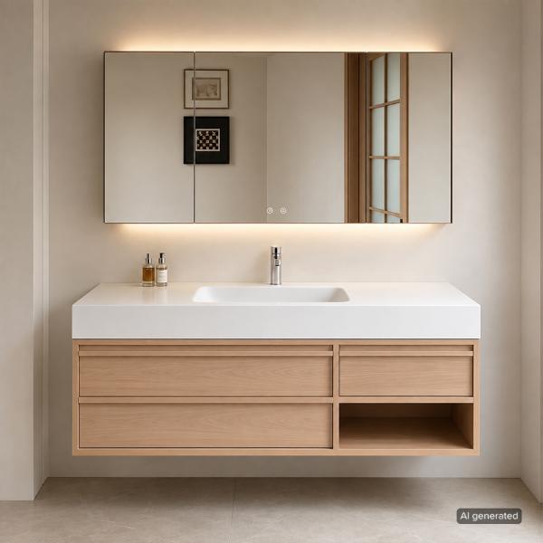 Muxing Modernes Badmöbel-Set, wandhängender Waschtisch mit Sinterstein-Waschbecken, LED-Spiegelschrank, Unterschrank und Ablaufset 【RW720JG】