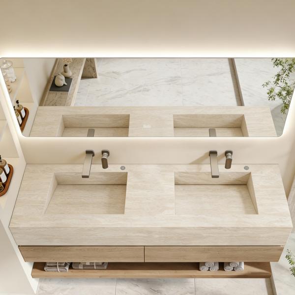 Muxing Badmöbel-Set mit Sinterstein-Doppelwaschbecken in Travertine look, verdecktem Ablauf, Spiegel, Unterschrank, Ablage, Ablaufgarnitur【SPX57-DS】