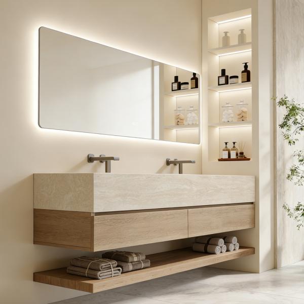 Muxing Badmöbel-Set mit Sinterstein-Doppelwaschbecken in Travertine look, verdecktem Ablauf, Spiegel, Unterschrank, Ablage, Ablaufgarnitur【SPX57-DS】