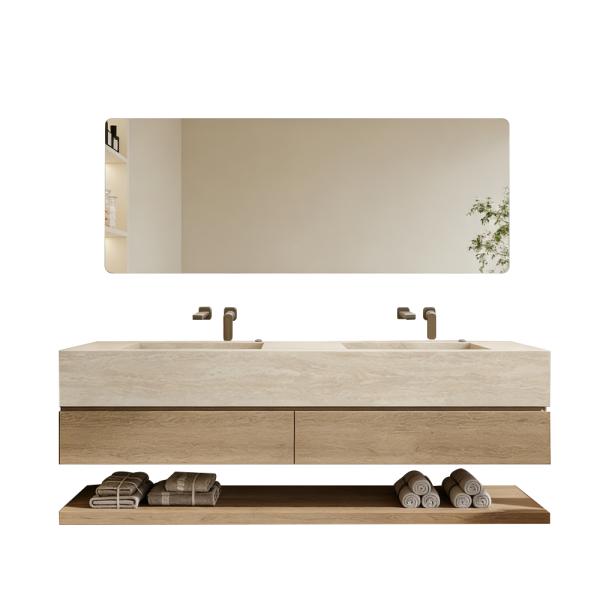 Muxing Badmöbel-Set mit Sinterstein-Doppelwaschbecken in Travertine look, verdecktem Ablauf, Spiegel, Unterschrank, Ablage, Ablaufgarnitur【SPX57-DS】
