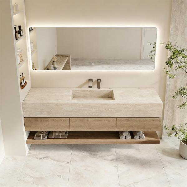 Muxing Badmöbel-Set mit Sinterstein-Waschbecken in Travertine look, verdecktem Ablauf, Spiegel, Unterschrank, Ablage, Ablaufgarnitur【XP1498BKK】