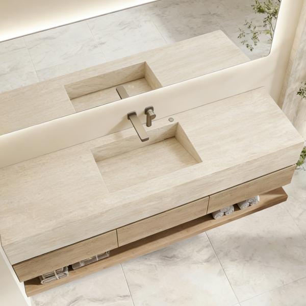 Muxing Badmöbel-Set mit Sinterstein-Waschbecken in Travertine look, verdecktem Ablauf, Spiegel, Unterschrank, Ablage, Ablaufgarnitur【XP1498BKK】