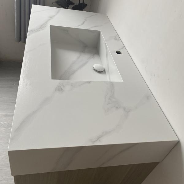 Waschbecken Holzmaserung Unterschrank aus Sinterstein Weiß Arbeitsplatte Set Spiegel【YT3256 K】