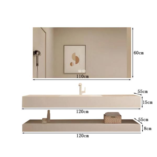 Muxing  Waschbecken mit LED-Spiegel Waschbecken aus Keramik mit Ablageplatte Beige