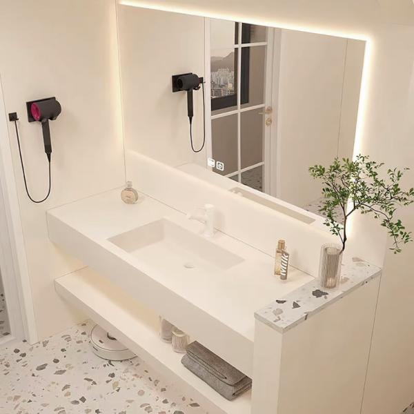 Muxing  Waschbecken mit LED-Spiegel Waschbecken aus Keramik mit Ablageplatte Beige