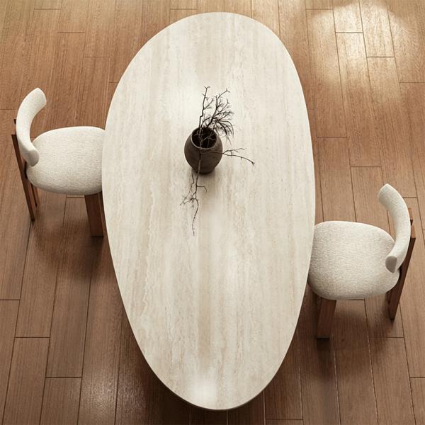 Essgruppe 7-teilig mit Esstisch und 6 Stühlen, Mehrpersonen-Esstisch, Travertin-Optik, 200 x 100 x 75 cm