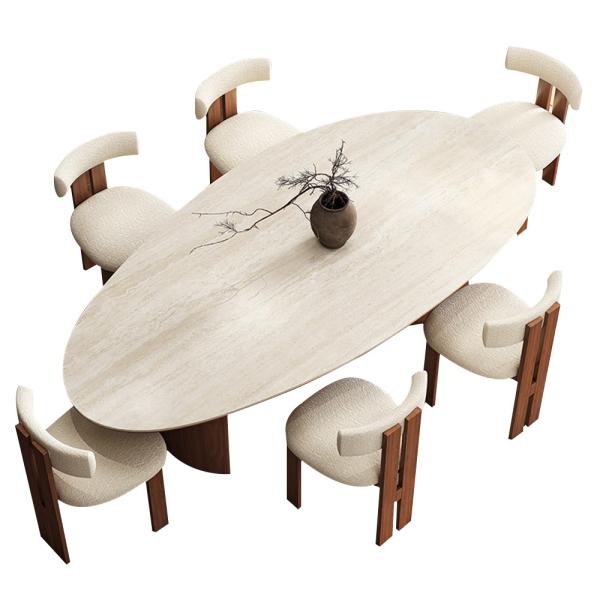 Essgruppe 7-teilig mit Esstisch und 6 Stühlen, Mehrpersonen-Esstisch, Travertin-Optik, 200 x 100 x 75 cm