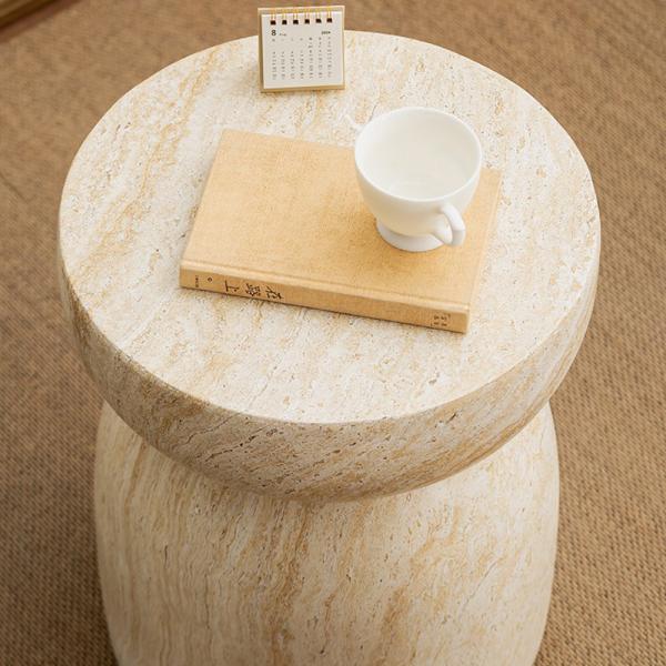 Muxing Runder Beistelltisch im Vintage-Stil, Travertin-Optik, aus Magnesiumoxid, für Wohnzimmer, Schlafzimmer, Balkon, 48,5 × 48,5 × 54 cm