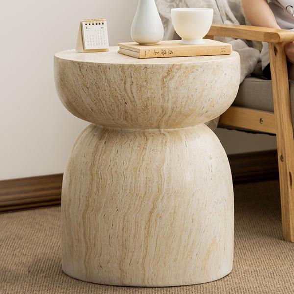 Muxing Runder Beistelltisch im Vintage-Stil, Travertin-Optik, aus Magnesiumoxid, für Wohnzimmer, Schlafzimmer, Balkon, 48,5 × 48,5 × 54 cm