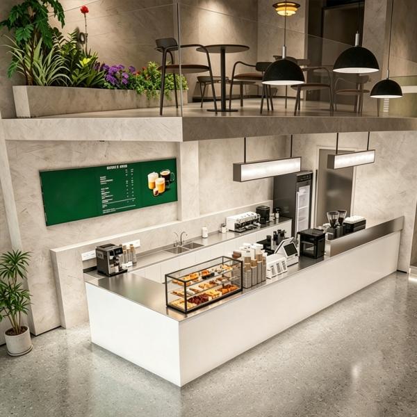 Muxing Eckbartheke aus Edelstahl, Empfangstresen, minimalistische Bartheke, gewerbliche Bartheke