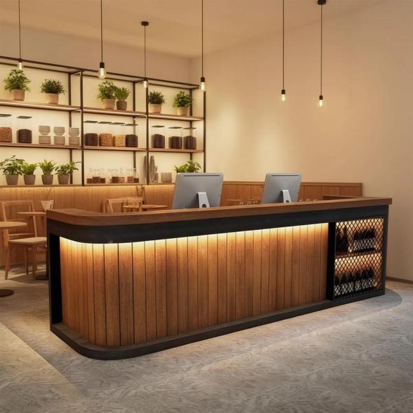 Muxing Bartheke mit LED-Ambientebeleuchtung, gewerbliche Bartheke, Bartheke im Retro-Holzdesign, Bartheke mit abgerundeten Ecken