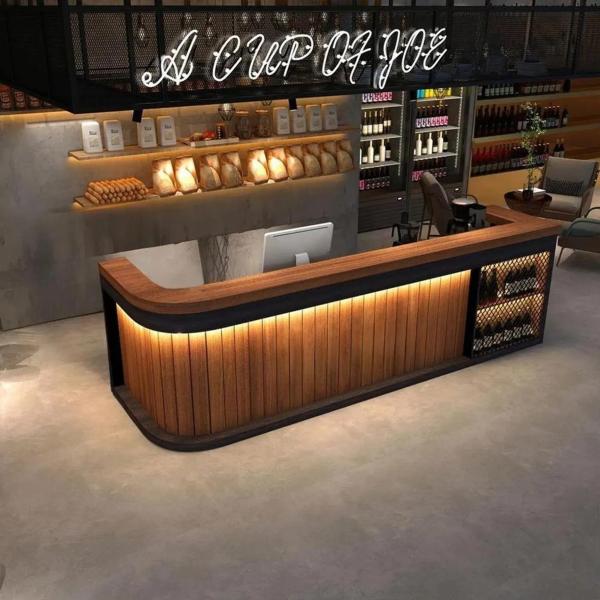 Muxing Bartheke mit LED-Ambientebeleuchtung, gewerbliche Bartheke, Bartheke im Retro-Holzdesign, Bartheke mit abgerundeten Ecken