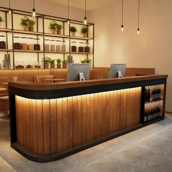 Muxing Bartheke mit LED-Ambientebeleuchtung, gewerbliche Bartheke, Bartheke im Retro-Holzdesign, Bartheke mit abgerundeten Ecken