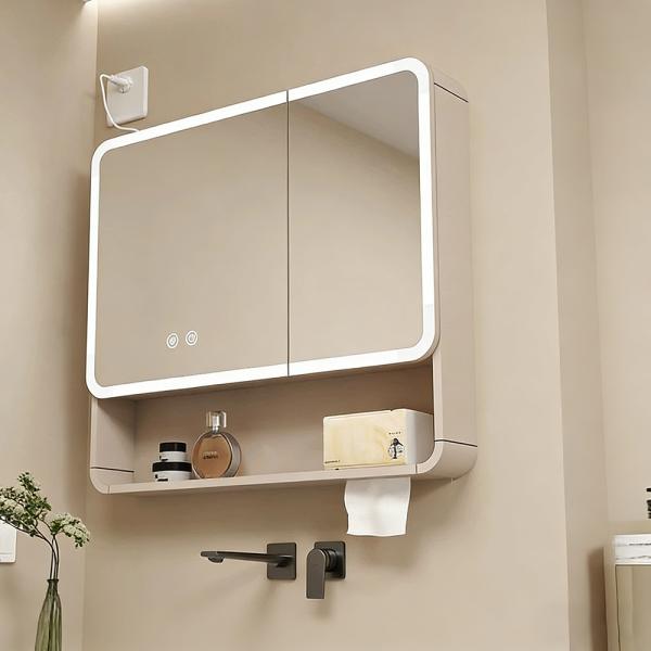 Muxing Badezimmer-Spiegelschrank mit LED-Beleuchtung, Anti-Beschlag, Wandmontage, großer Stauraum, modernes Design【jg】