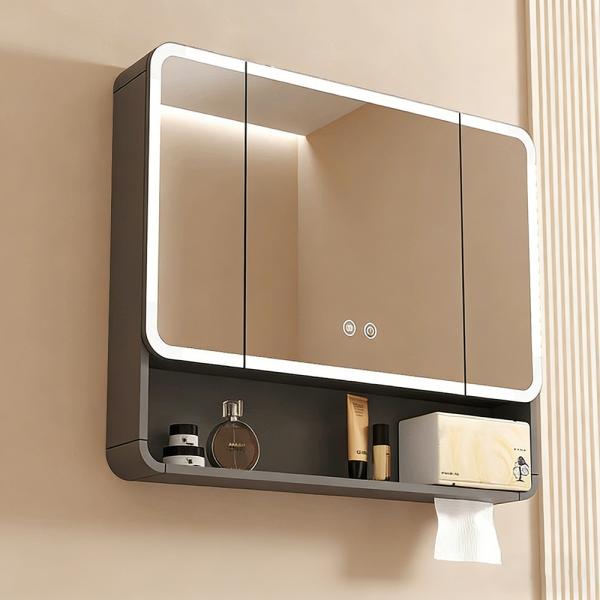 Muxing Badezimmer-Spiegelschrank mit LED-Beleuchtung, Anti-Beschlag, Wandmontage, großer Stauraum, modernes Design【jg】