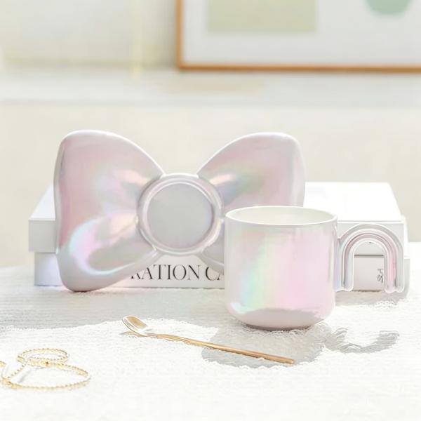 Muxing Schleifen-Design Keramik-Tasse mit Untertasse, traumhaft elegante Kaffee-Tasse, hochwertiges Set für die Nachmittagstee-Zeit