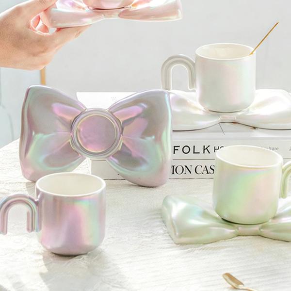 Muxing Schleifen-Design Keramik-Tasse mit Untertasse, traumhaft elegante Kaffee-Tasse, hochwertiges Set für die Nachmittagstee-Zeit