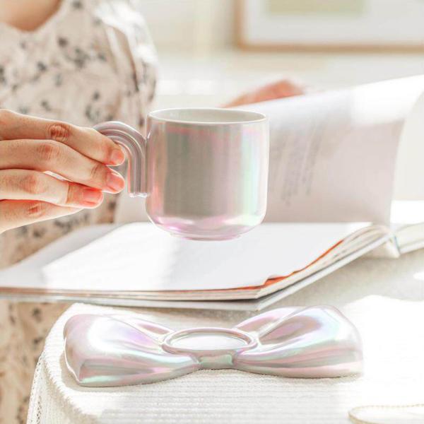 Muxing Schleifen-Design Keramik-Tasse mit Untertasse, traumhaft elegante Kaffee-Tasse, hochwertiges Set für die Nachmittagstee-Zeit