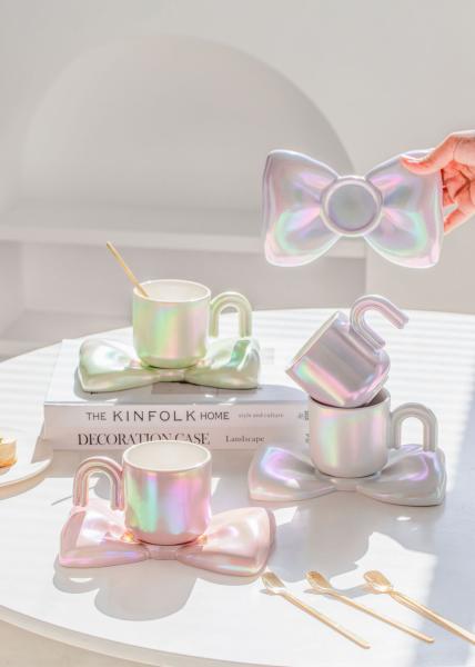 Muxing Schleifen-Design Keramik-Tasse mit Untertasse, traumhaft elegante Kaffee-Tasse, hochwertiges Set für die Nachmittagstee-Zeit