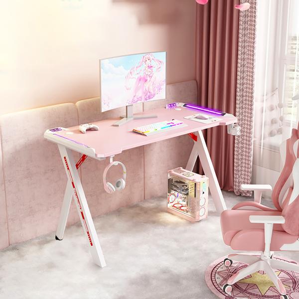 MuXing RGB Gaming Schreibtisch, Computertisch, E-Sport Tisch, PC Schreibtisch für Zuhause, Jugendzimmer und Internetcafé Pink 120*60*74cm【D2113-120F】