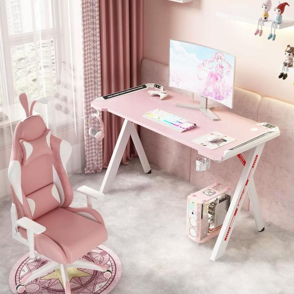 MuXing RGB Gaming Schreibtisch, Computertisch, E-Sport Tisch, PC Schreibtisch für Zuhause, Jugendzimmer und Internetcafé Pink 120*60*74cm【D2113-120F】