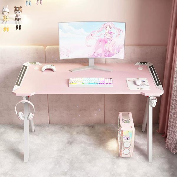 MuXing RGB Gaming Schreibtisch, Computertisch, E-Sport Tisch, PC Schreibtisch für Zuhause, Jugendzimmer und Internetcafé Pink 120*60*74cm【D2113-120F】