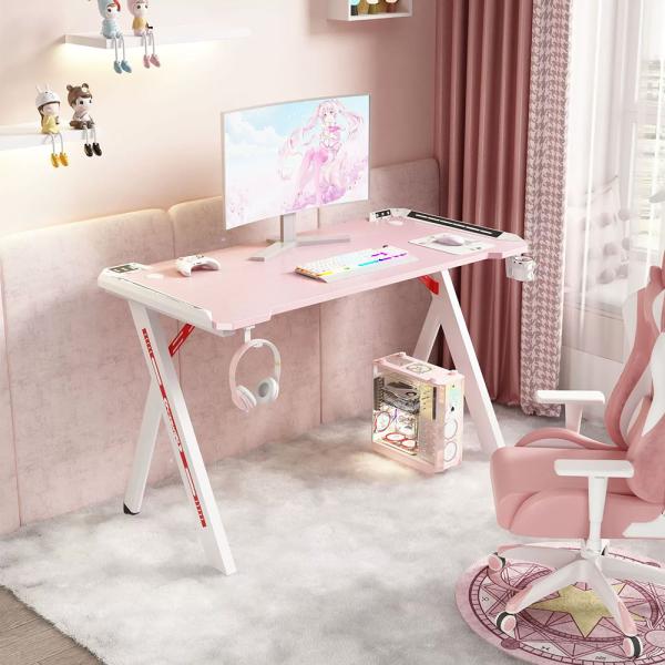 MuXing RGB Gaming Schreibtisch, Computertisch, E-Sport Tisch, PC Schreibtisch für Zuhause, Jugendzimmer und Internetcafé Pink 120*60*74cm【D2113-120F】