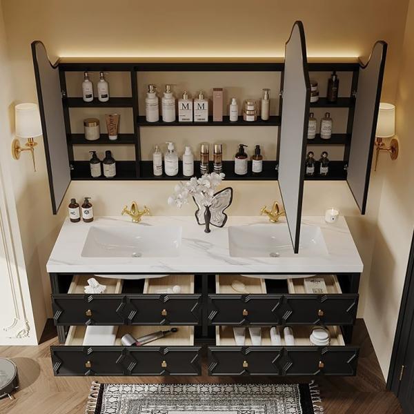 MuXing Sinterstein Waschbecken Set, Badezimmer Waschtisch Set, Spiegelschrank, Modernes Badmöbel Set, mit Armaturenloch 130*55cm