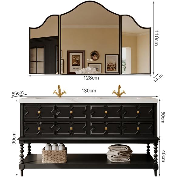 MuXing Sinterstein Waschbecken Set, Badezimmer Waschtisch Set, Spiegelschrank, Modernes Badmöbel Set, mit Armaturenloch 130*55cm