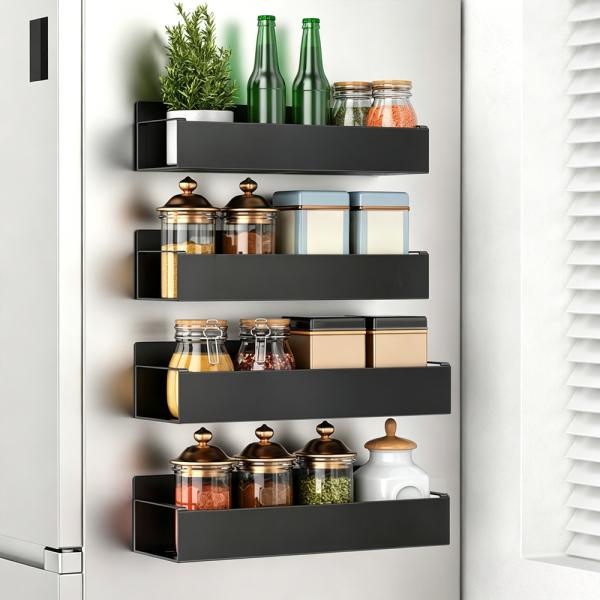 MuXing Magnetisches Küchenregal, Kühlschrank-Seitenregal ohne Bohren, Gewürzregal und Aufbewahrungsregal für Küche Schwarz 29.5*9.5*7.5cm 【CX-9568】