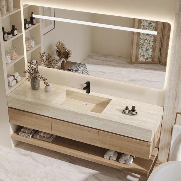 Muxing Wandhängendes Waschbecken-Set - Sinterstein - Travertine look, mit Spiegel, Unterschrank, Ablage & Ablauf, mit Armaturenloch【YT9865-K】