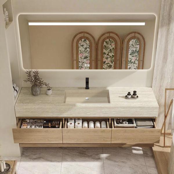 Muxing Wandhängendes Waschbecken-Set - Sinterstein - Travertine look, mit Spiegel, Unterschrank, Ablage & Ablauf, mit Armaturenloch【YT9865-K】