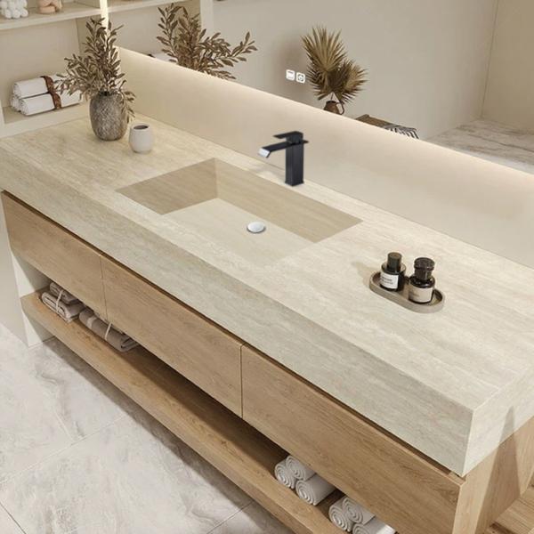 Muxing Wandhängendes Waschbecken-Set - Sinterstein - Travertine look, mit Spiegel, Unterschrank, Ablage & Ablauf, mit Armaturenloch【YT9865-K】