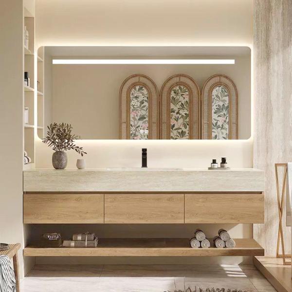 Muxing Wandhängendes Waschbecken-Set - Sinterstein - Travertine look, mit Spiegel, Unterschrank, Ablage & Ablauf, mit Armaturenloch【YT9865-K】