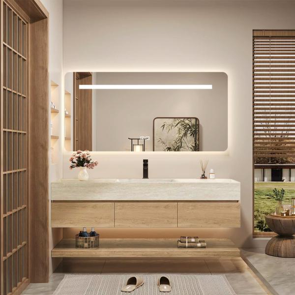 Muxing Wandhängendes Waschbecken-Set - Sinterstein - Travertine look, mit Spiegel, Unterschrank, Ablage & Ablauf, mit Armaturenloch【YT9865-K】