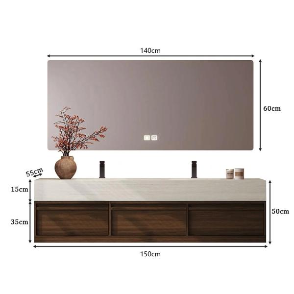 Muxing Waschbecken aus Sinterstein Waschbecken Doppelspüle Spüle mit zwei Becken Waschtisch-Set mit LED-Spiegel und Schränk【RW3318 K】