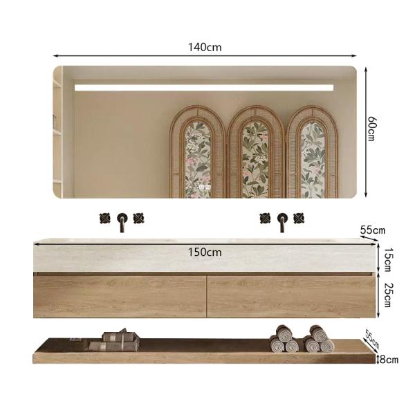 Muxing Wandhängendes Doppelwaschbecken-Set, Travertine look, mit Spiegel, Unterschrank, Sinterstein, ohne Armaturenloch【RW4822 BKK】