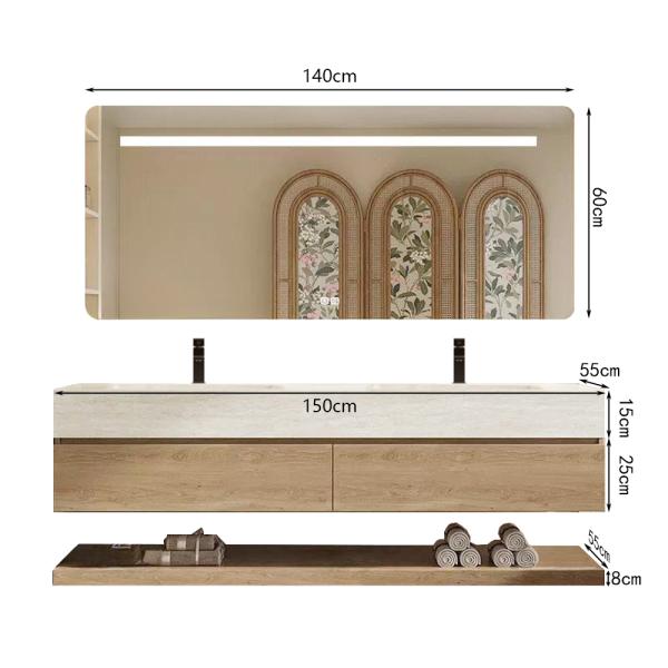 Muxing Wandhängendes Doppelwaschbecken-Set, Travertine look, mit Spiegel, Unterschrank, Sinterstein, mit Armaturenloch【RW4822 K】
