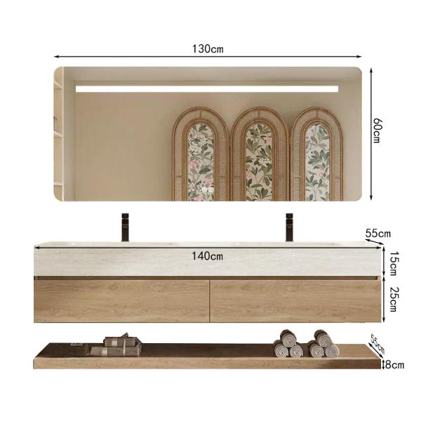 Muxing Wandhängendes Doppelwaschbecken-Set, Travertine look, mit Spiegel, Unterschrank, Sinterstein, mit Armaturenloch【RW4822 K】