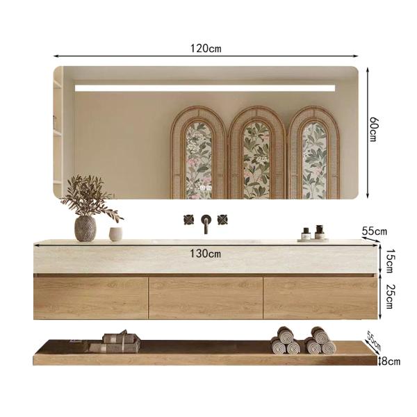 Muxing Wandhängendes Waschbecken-Set - Sinterstein - Travertine look,mit Spiegel, Unterschrank, Ablage & Ablauf, ohne Armaturenloch【RW9865 BKK】
