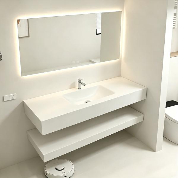 Muxing Waschbecken mit LED-Spiegel Waschbecken aus Sinterstein mit Ablageplatte Beige 【RWCB303】