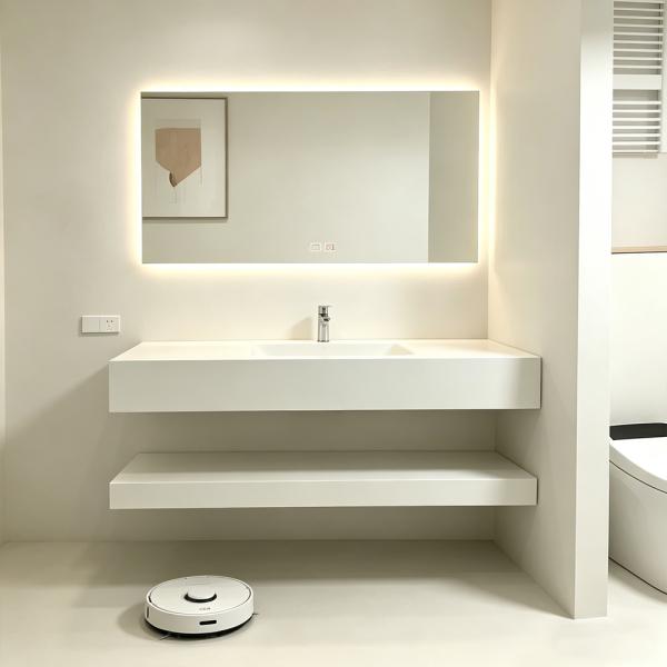 Muxing Waschbecken mit LED-Spiegel Waschbecken aus Sinterstein mit Ablageplatte Beige 【RWCB303】