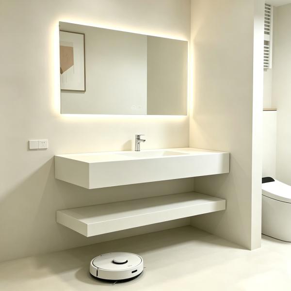 Muxing Waschbecken mit LED-Spiegel Waschbecken aus Sinterstein mit Ablageplatte Beige 【RWCB303】