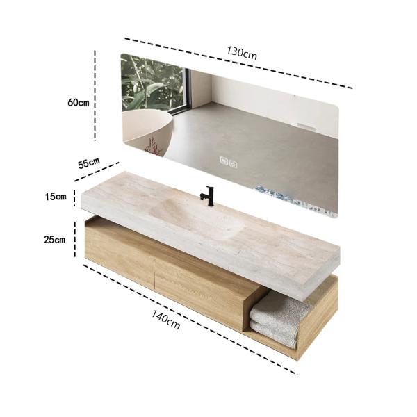 MuXing Wandhängendes Badezimmermöbel-Set mit Waschbecken, Sinterstein, LED-Spiegel, Schubladenschrank und Abflussgarnitur 【RWR208】
