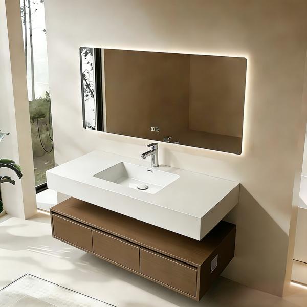 Muxing Integriertes Waschbecken aus Sinterstein-Keramik, Wandwaschbecken mit Hahnloch, Badezimmerschrank mit Schublade und LED-Spiegel 120*55cm 【YBTC383-120】