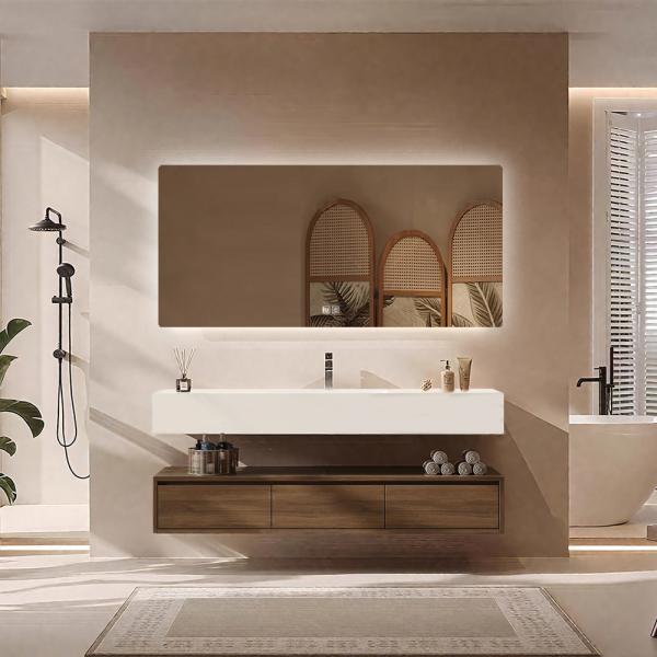 Muxing Integriertes Waschbecken aus Sinterstein-Keramik, Wandwaschbecken mit Hahnloch, Badezimmerschrank mit Schublade und LED-Spiegel 120*55cm 【YBTC383-120】